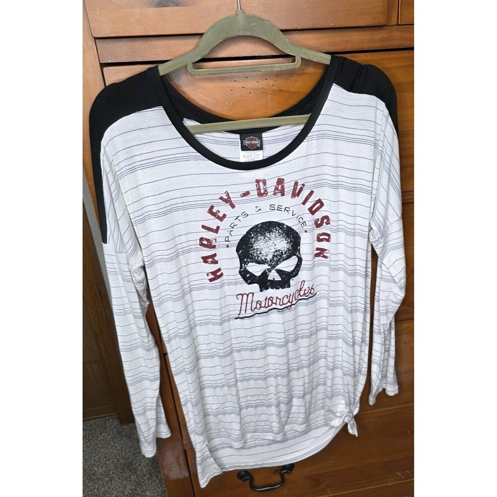 Harley Davidson Long Sleeve Stripe Tee Size Medium White Gray Skull Moto Biker
